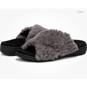 VIONIC Relax II Slippers in Gray/ Black Faux Fur Womens Size 9